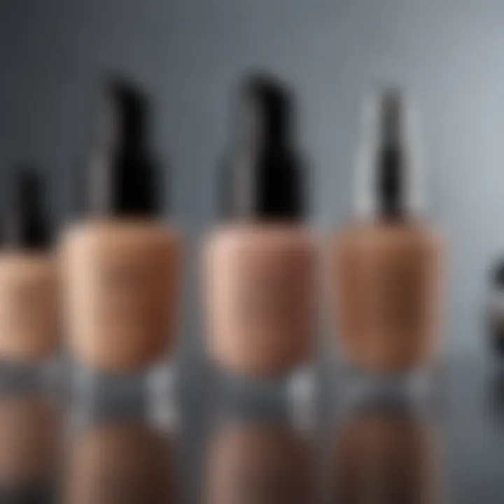 Comparative display of various drag foundation products with labels