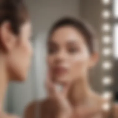 A serene individual applying face cream in front of a mirror