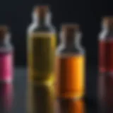 A close-up view of vibrant chemical solutions in glass vials