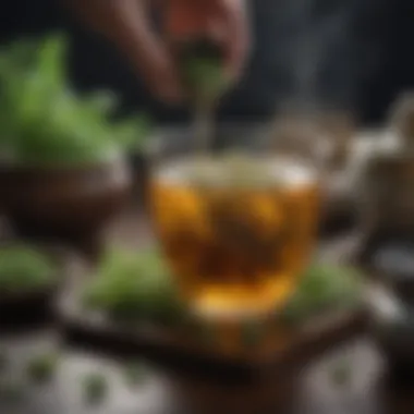 A serene tea preparation setting with herbal ingredients