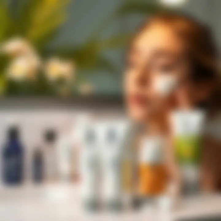 Skincare Routine with Sunblock A skincare routine setup showcasing sunblock application alongside other acne-friendly products.