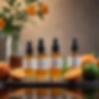 Invigorating Elixirs for Skin Renewal Citrus essential oils in elegant glass bottles with fresh fruits