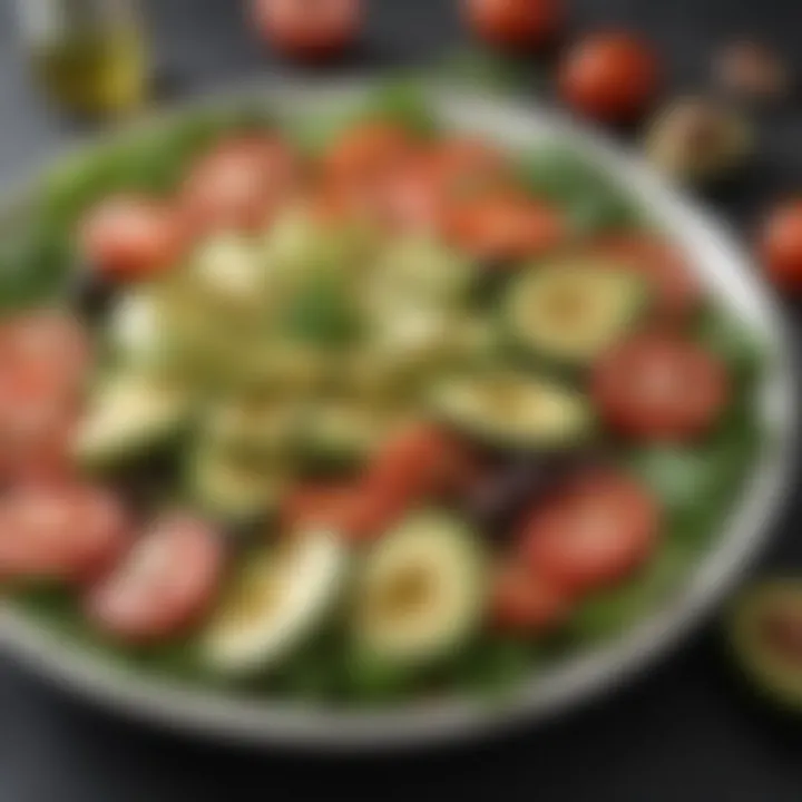 An elegant arrangement of a colorful salad featuring avocados, tomatoes, and olive oil, symbolizing skin health.