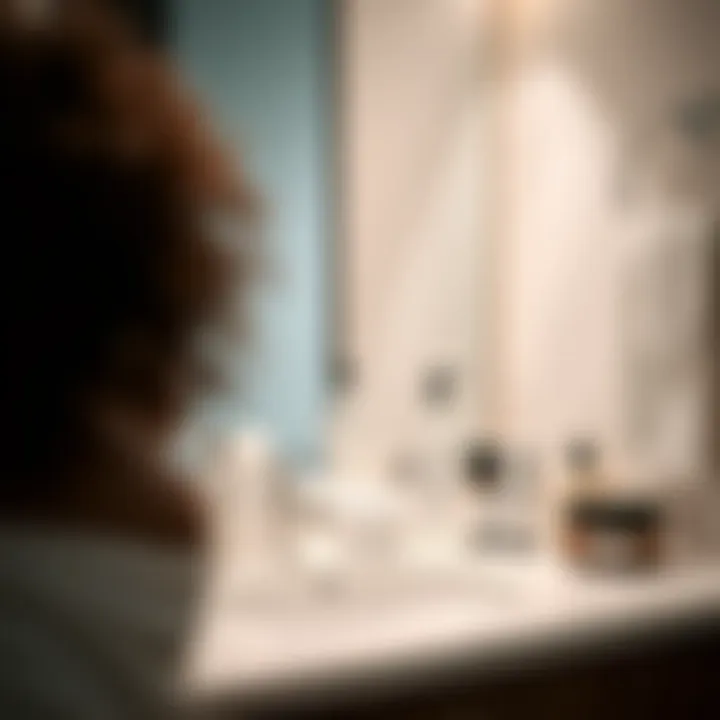 Haircare routine essentials laid out on a bathroom counter