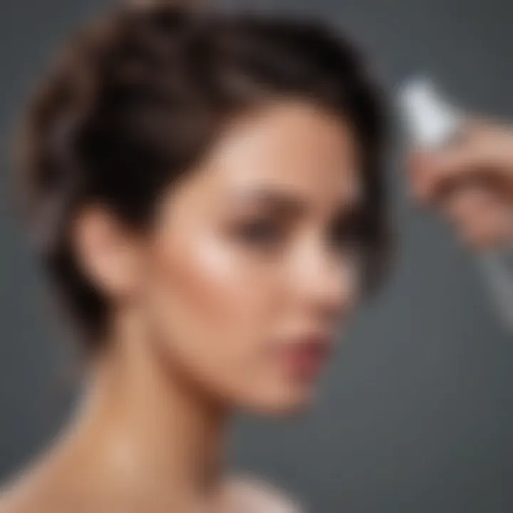 Woman applying salt hairspray to styled hair for added volume.