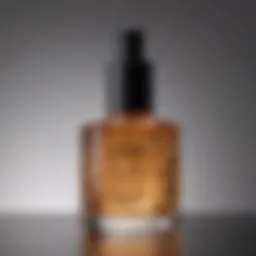 A close-up of a shimmering curly hair serum bottle reflecting light