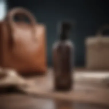 Designer bag protector spray bottle with luxury bags in background