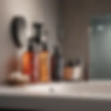 A cozy bathroom setting with hair care products organized neatly