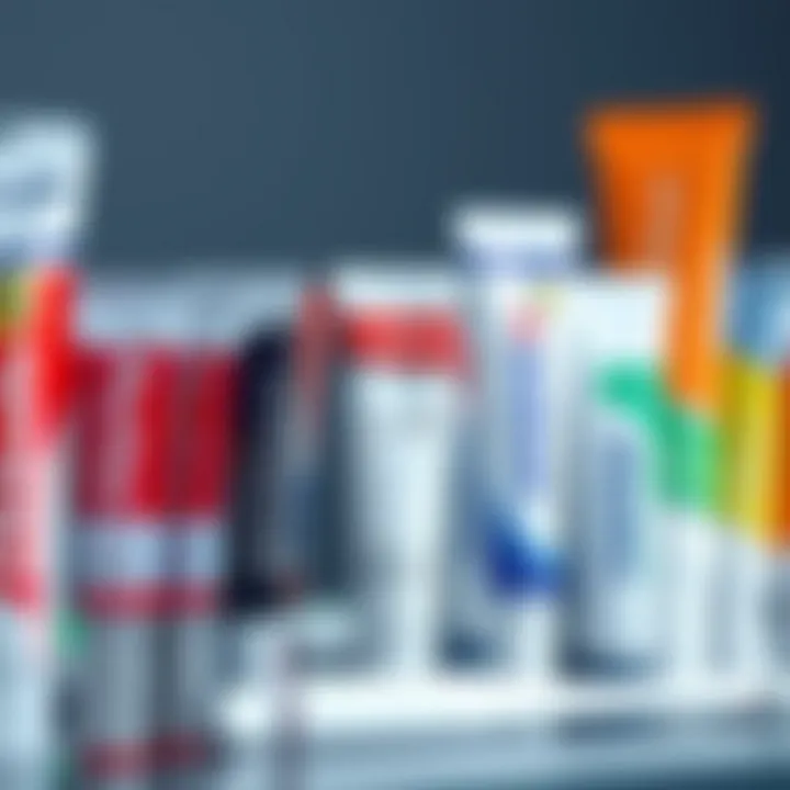 An array of different toothpaste tubes showcasing various whitening options