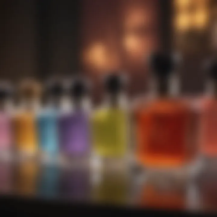 An array of colorful perfumes displayed elegantly