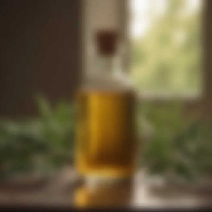 Bottle of castor oil with plant background