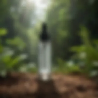 Serum bottle against a backdrop of lush greenery and nature