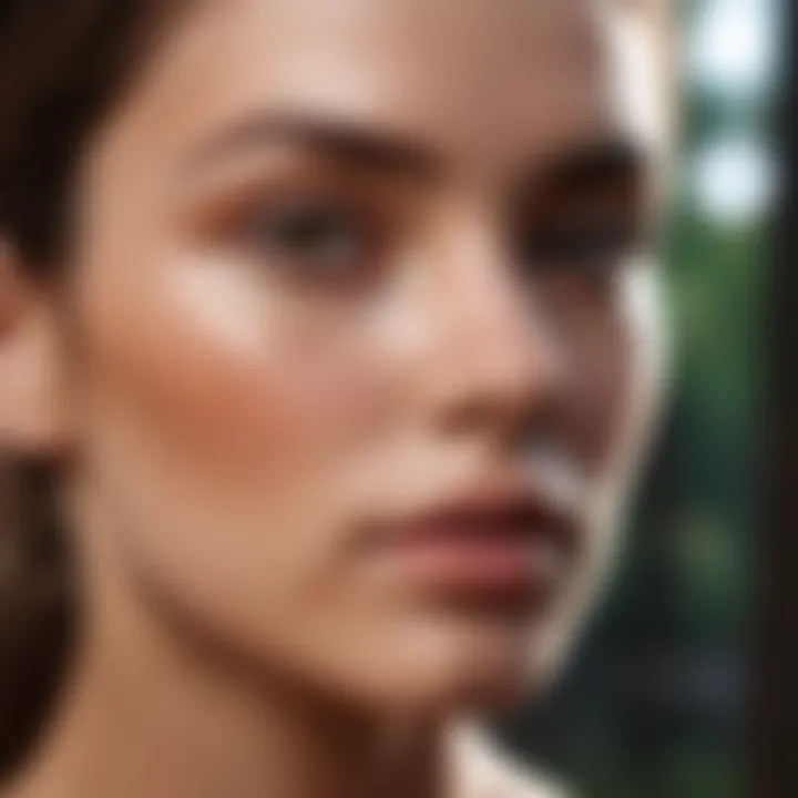 Model applying sweat proof foundation outdoors