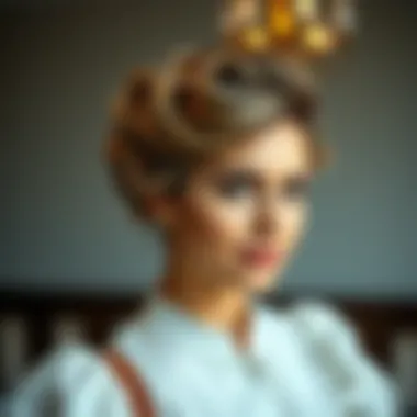 Stylish updo featuring shoulder length hair with soft curls.