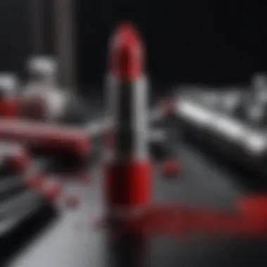 MAC Russian Red with Beauty Essentials Flat lay of MAC Russian Red lipstick alongside beauty tools