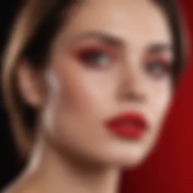 Model showcasing MAC Russian Red lipstick in a glamorous makeup look