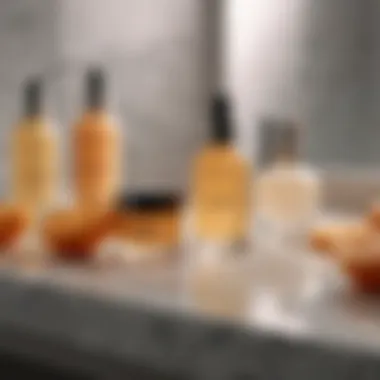 A serene skincare routine scene featuring non-greasy vitamin C serums placed elegantly on a countertop