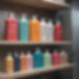 A collection of OTC shampoos displayed on a bathroom shelf