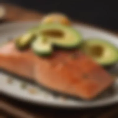 A plate of salmon with avocado slices