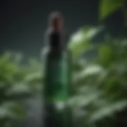 A close-up of a serum bottle with a dropper, surrounded by fresh green leaves.