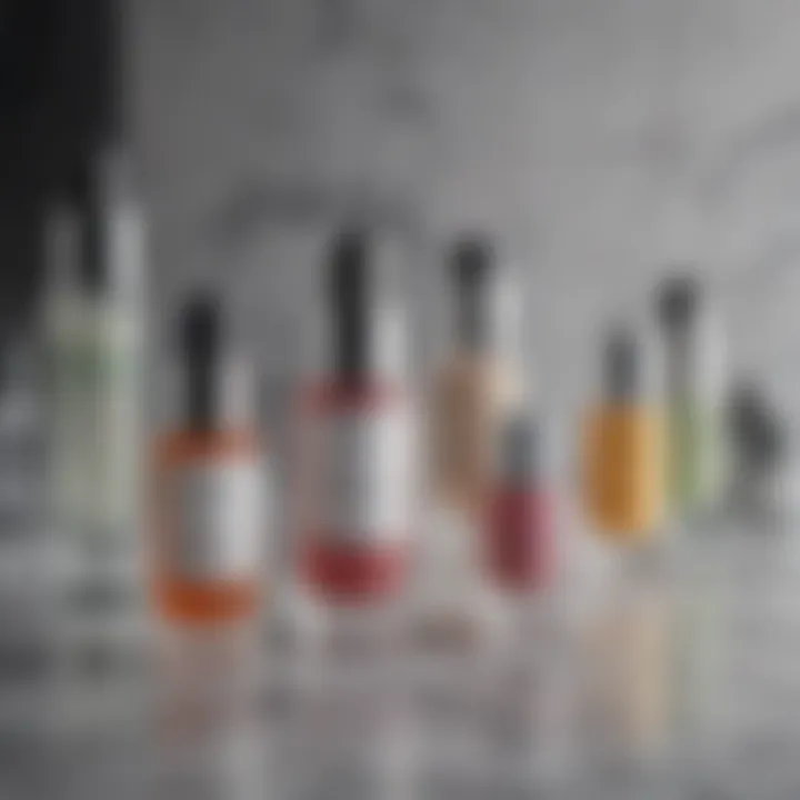 An elegant arrangement of various serums on a marble countertop, showcasing different textures.