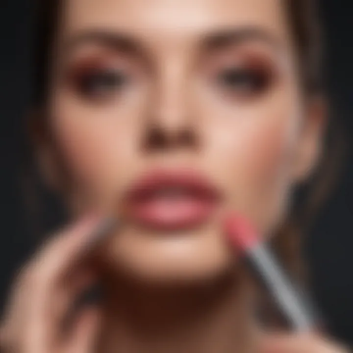 A model applying volumizing lip gloss in a chic setting