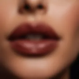 A close-up of a rich brown lipstick swatch on brown skin