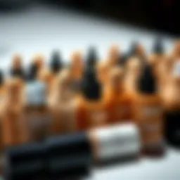An array of liquid foundations showcasing a variety of shades.