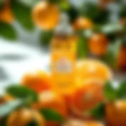 An elegant bottle of vitamin C serum surrounded by citrus fruits