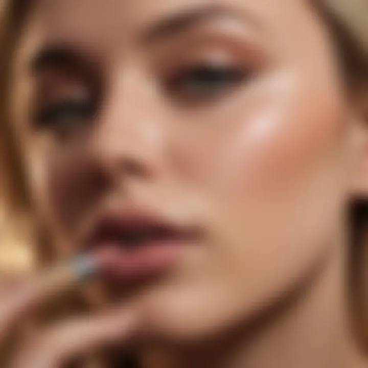 Close-up of a blonde woman applying nude lipstick