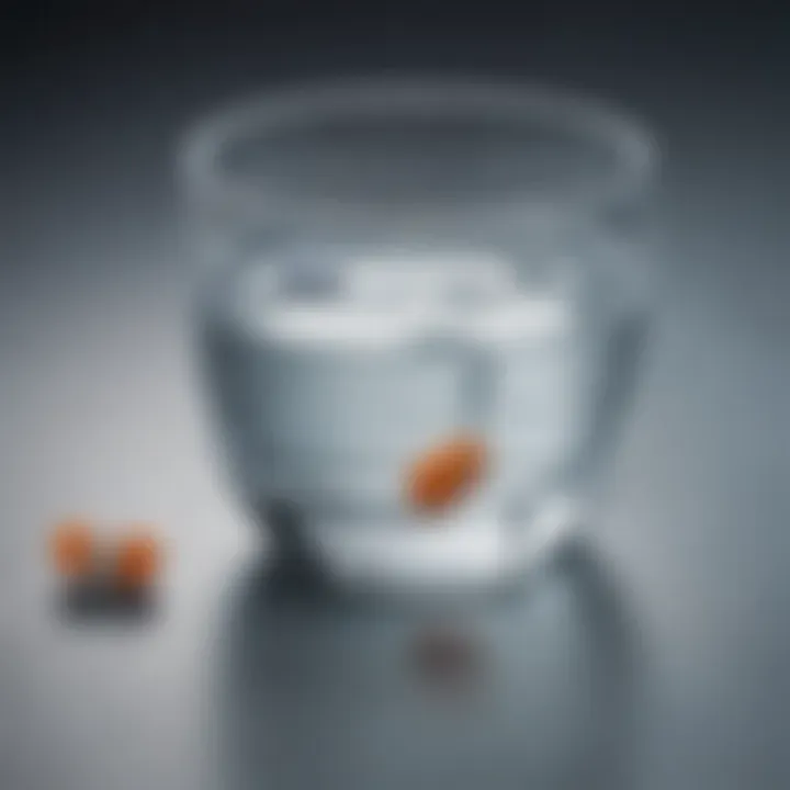 A glass of water with a pill on a reflective surface