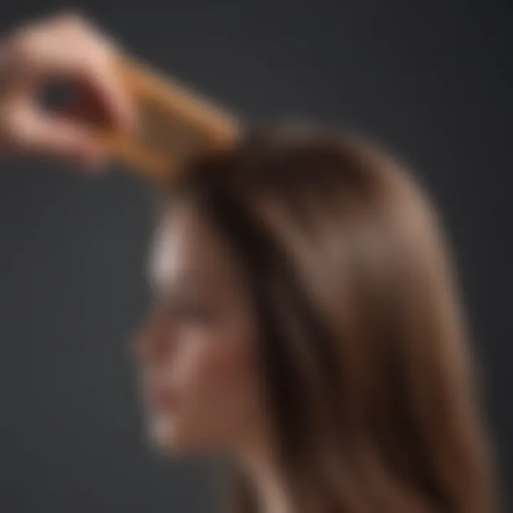 Hair being gently combed with a wooden comb