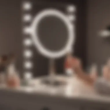 Hand holding a light makeup mirror in front of a vanity setup