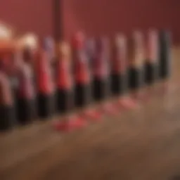 Diverse array of lip colours displayed on a wooden table