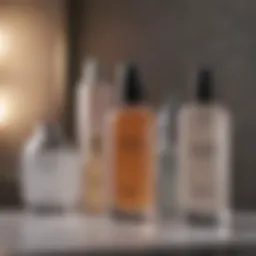 A variety of skin toners displayed on a vanity