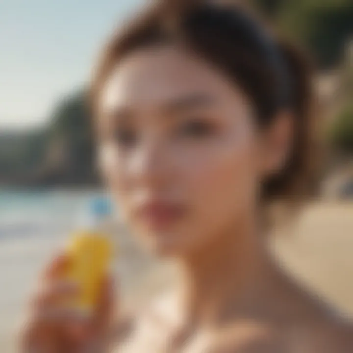 Korean sunscreen applied on skin with a backdrop of a beach