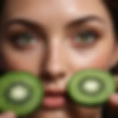 Natural remedy ingredients like cucumber slices and green tea bags near eyes