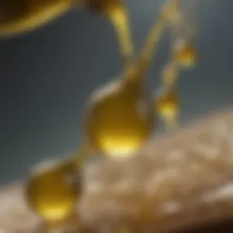 Close-up of olive oil droplets reflecting light