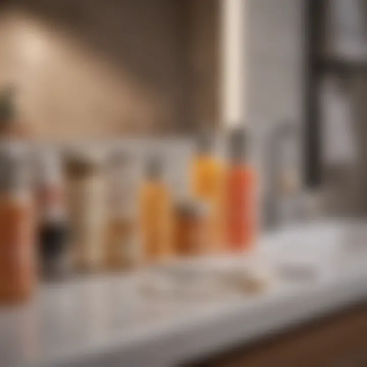 An assortment of post-wax care products on a bathroom counter.