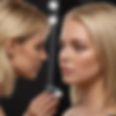 Hair stylist assessing client's skin tone for blonde hair consultation