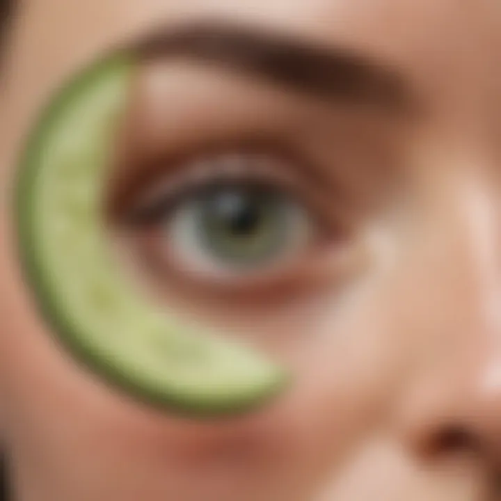 A close-up of a refreshing cucumber slice placed over the eye