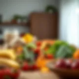 Fresh fruits and vegetables arranged artfully on a table