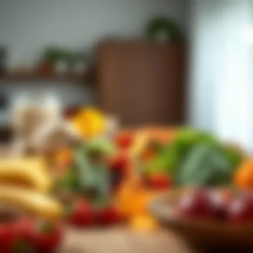 Fresh fruits and vegetables arranged artfully on a table