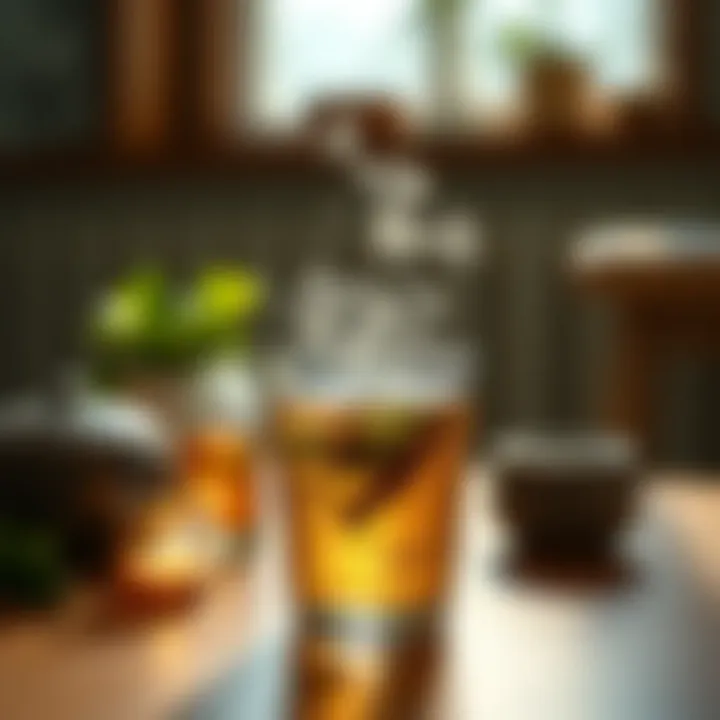 A glass of herbal tea steaming gently on a table