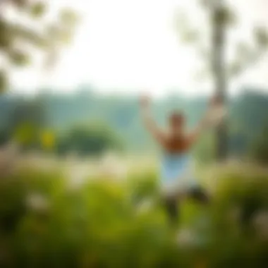 A serene setting with a person practicing yoga outdoors