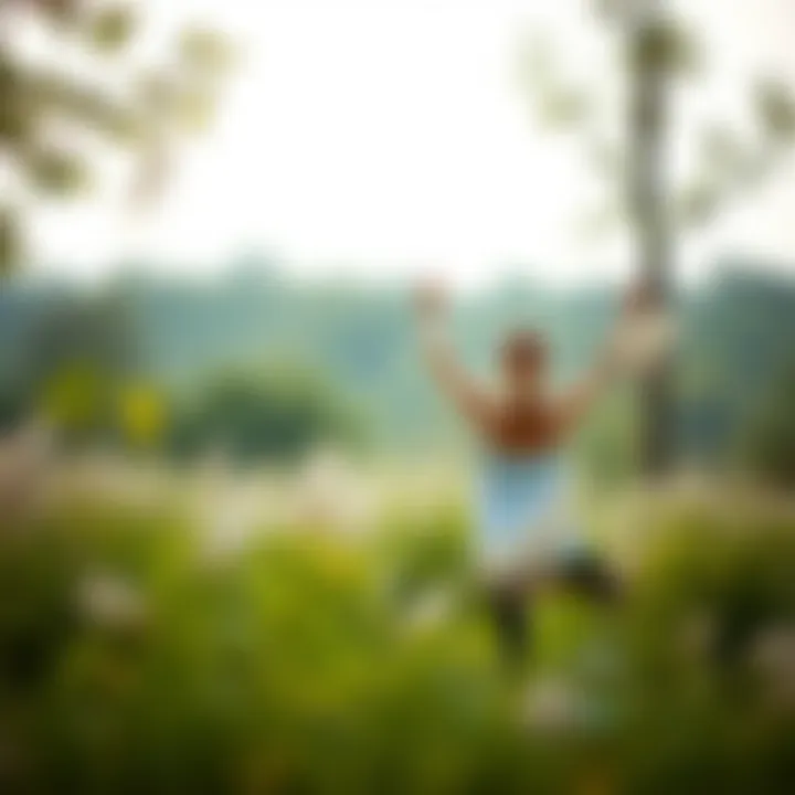 A serene setting with a person practicing yoga outdoors