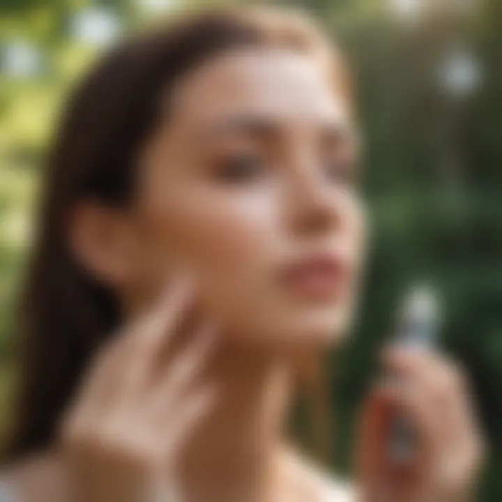 A woman applying sunscreen on her face in a serene outdoor setting