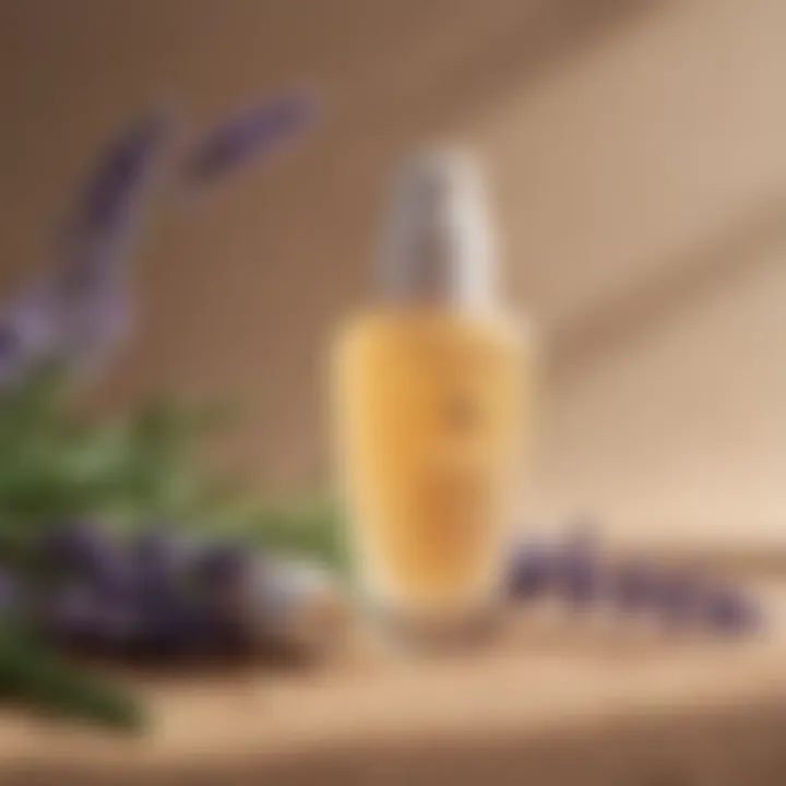 Close-up of a sunscreen bottle with a calming lavender plant in the background