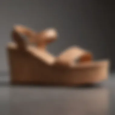 Sustainable footwear brand emblem engraved on a cork wedge sandal