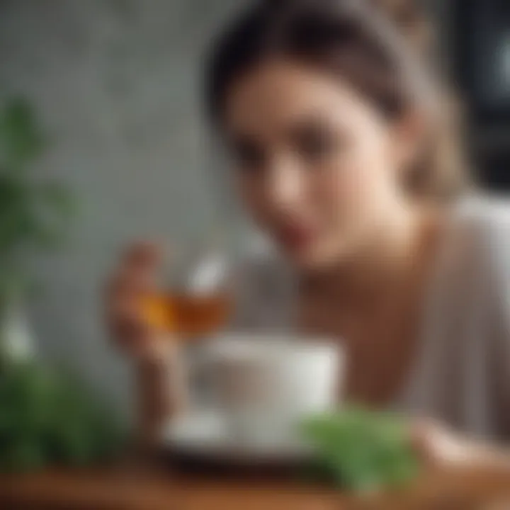 A person enjoying a cup of herbal tea with a focus on hair health.